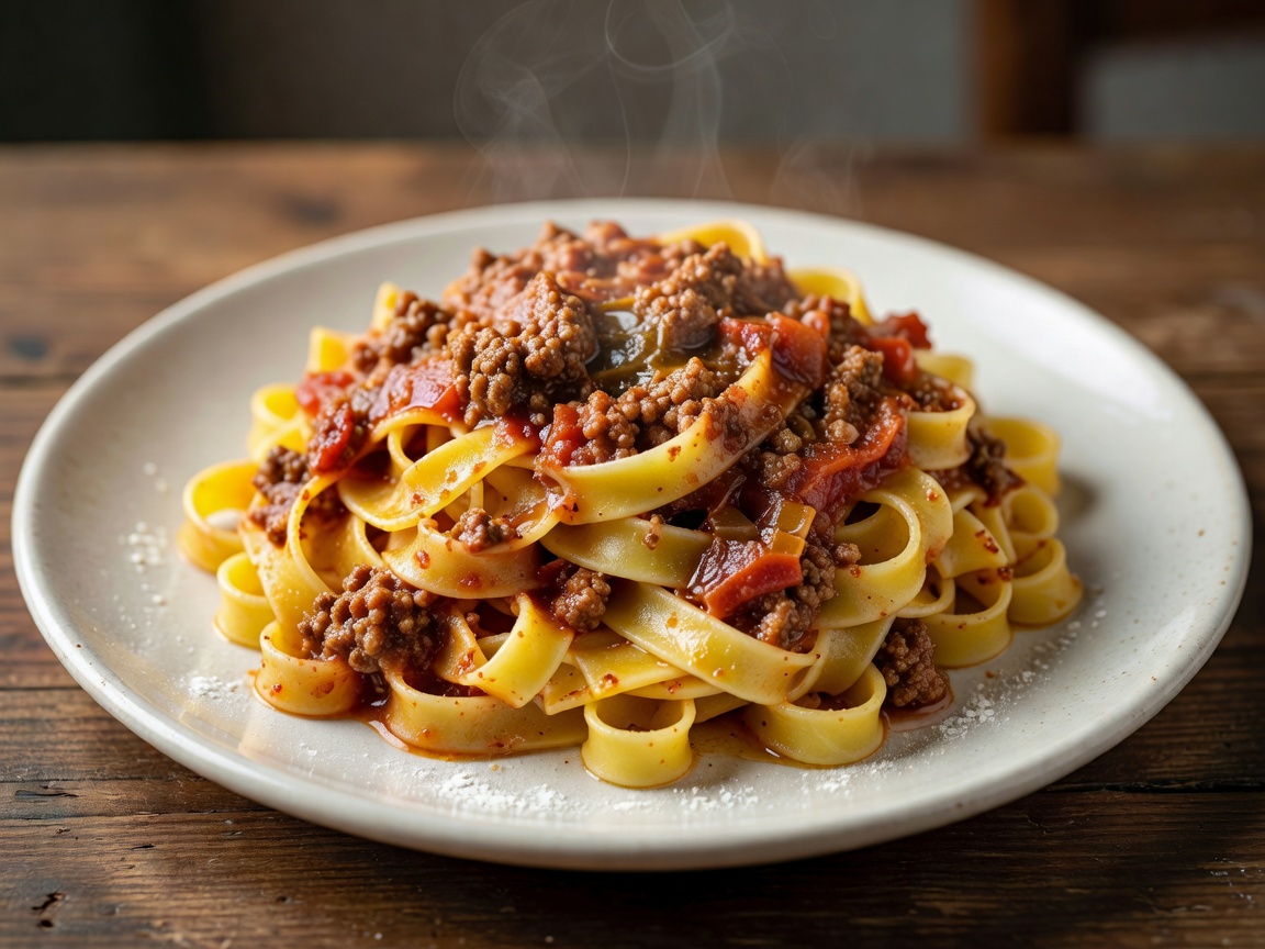 Authentic fresh handmade egg tagliatelle with slow-cooked Bolognese meat sauce
