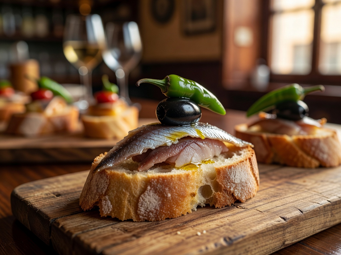 Basque style pintxo with anchovy, olive, and guindilla pepper