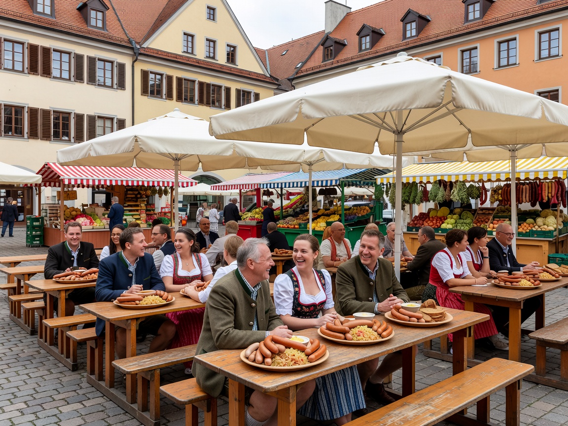 Bavarian market square Viktualienmarkt with beer garden and local sausages