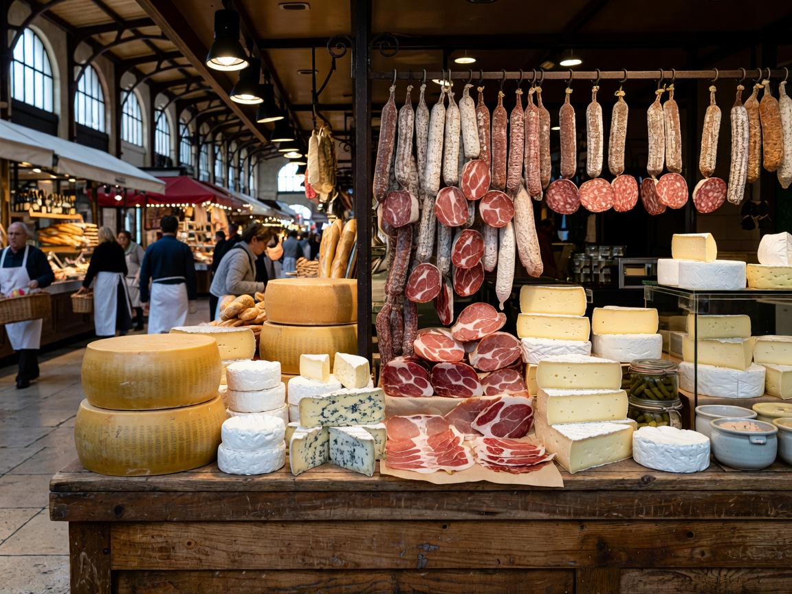 French gourmet cheeses and charcuterie in Lyon food market