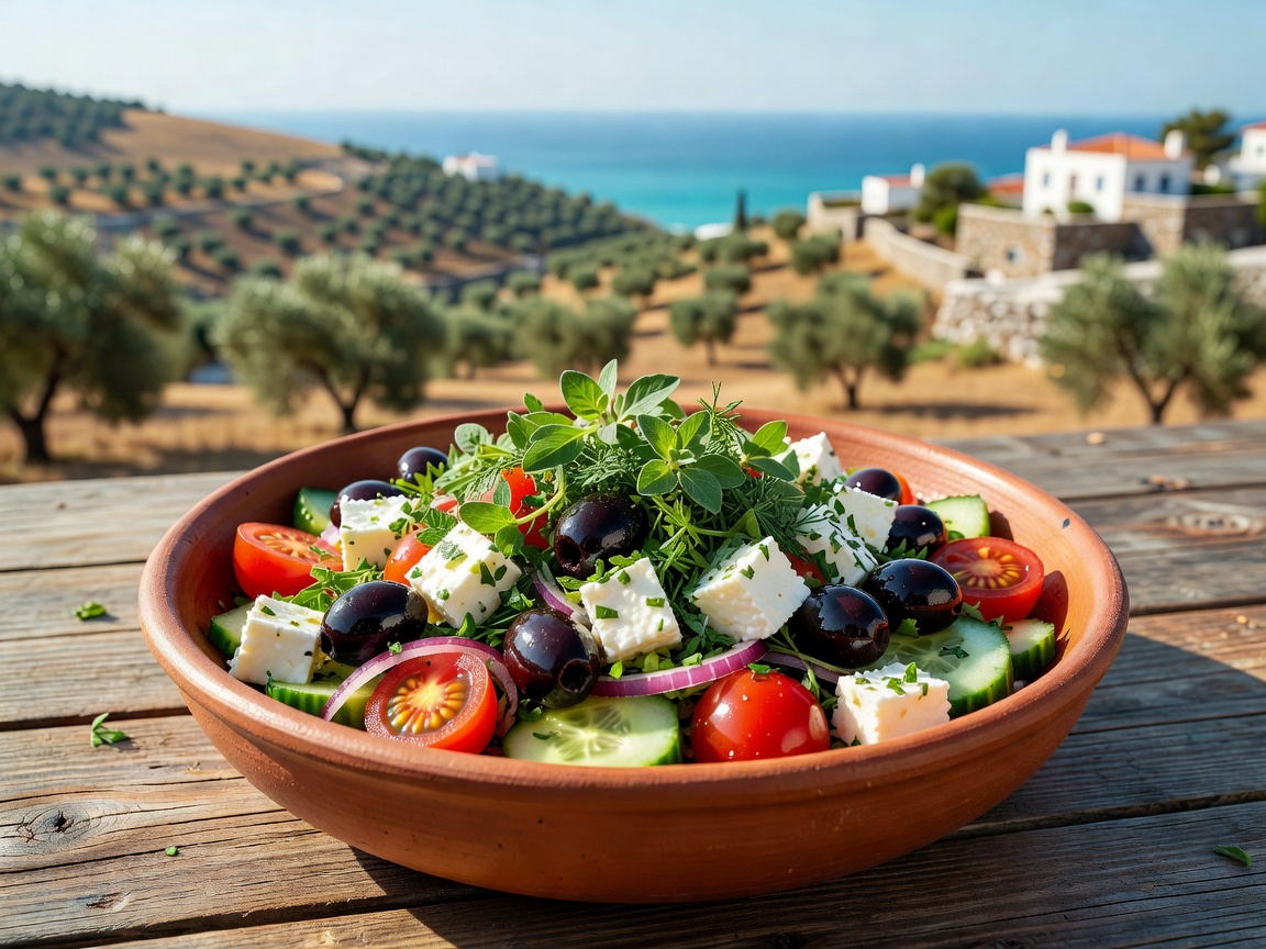 Fresh Mediterranean mezze salad with feta, olives, and herbs in Crete