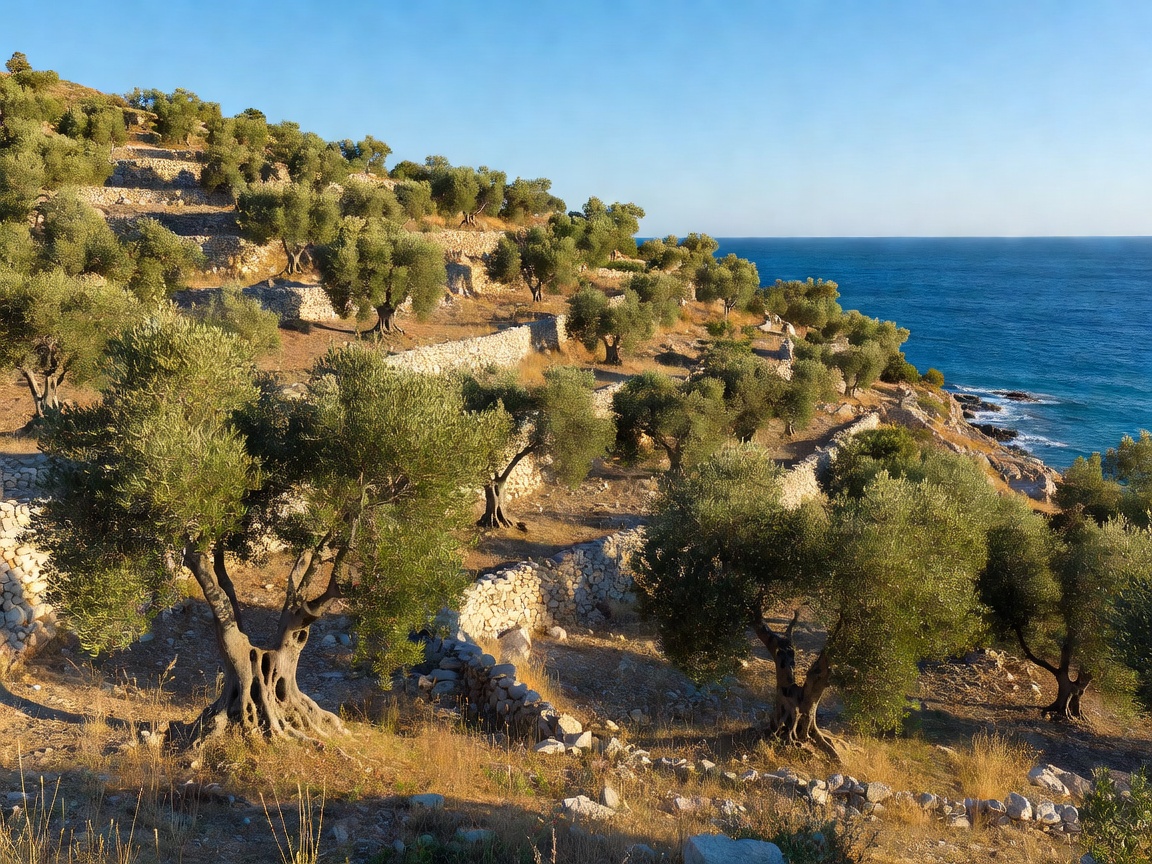 Greek island hillside with olive groves and Mediterranean sea in Crete