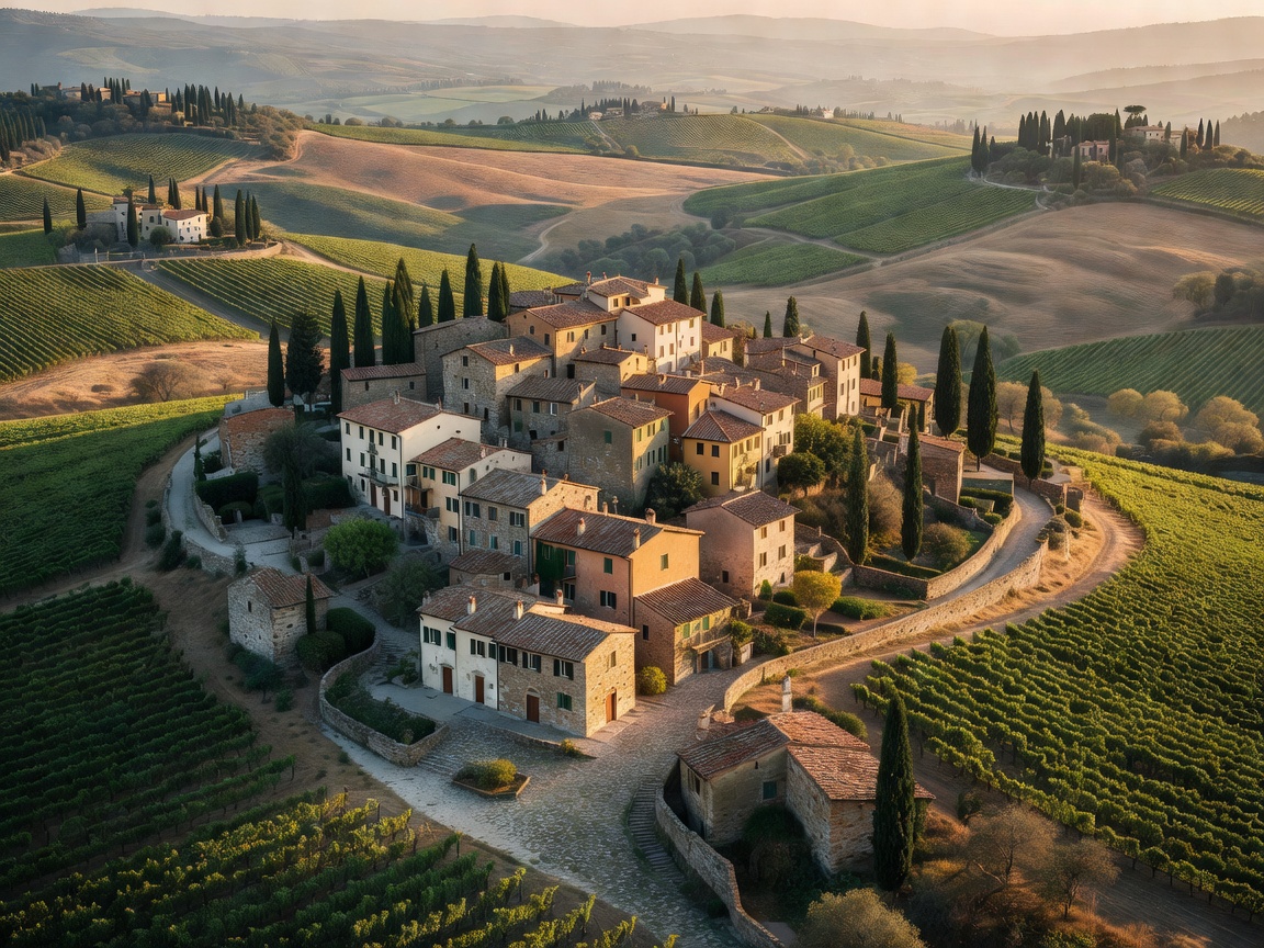 Italian hilltop village in Tuscany surrounded by vineyards and cypress trees