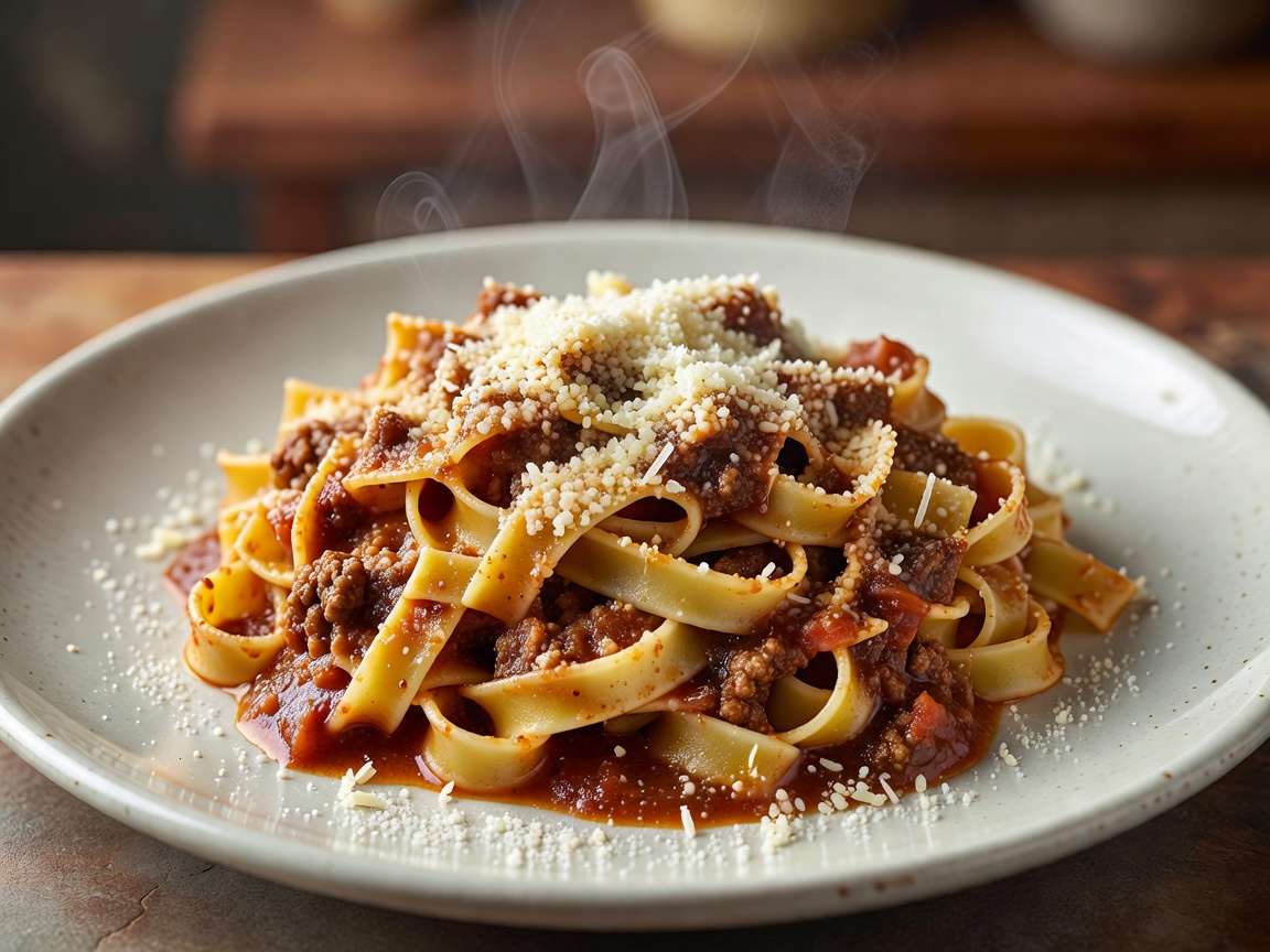 Plate of fresh Tagliatelle al Ragu Bolognese with parmesan