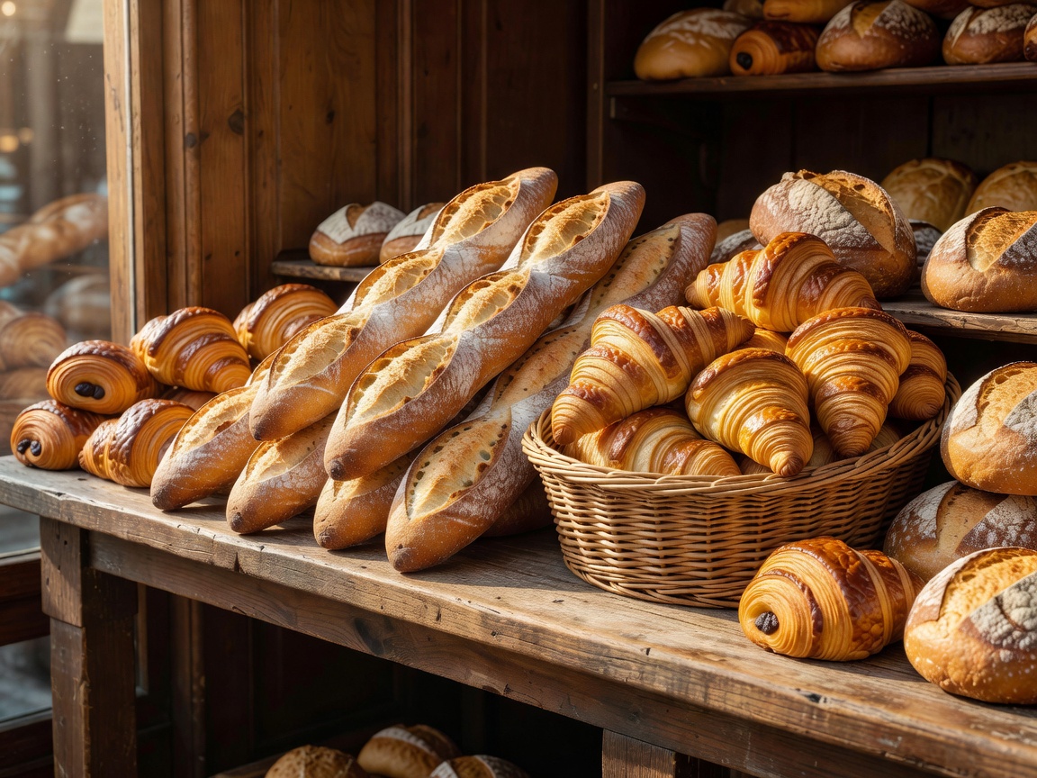 Traditional French bakery display with fresh baguettes and croissants