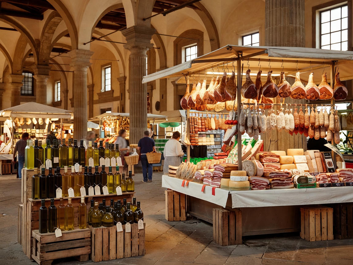 Traditional fresh market hall in Florence with olive oils and cured meats