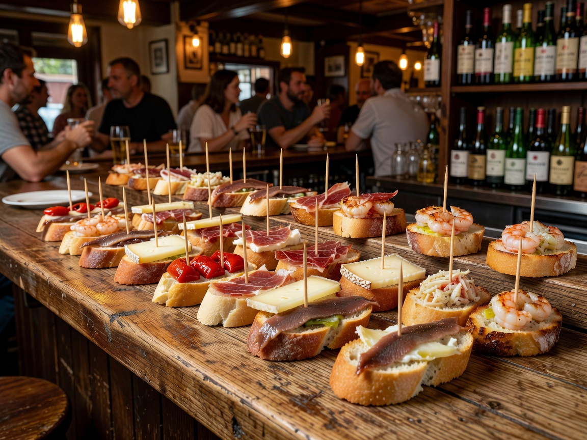 Traditional pintxos on wooden bar in San Sebastian Basque country