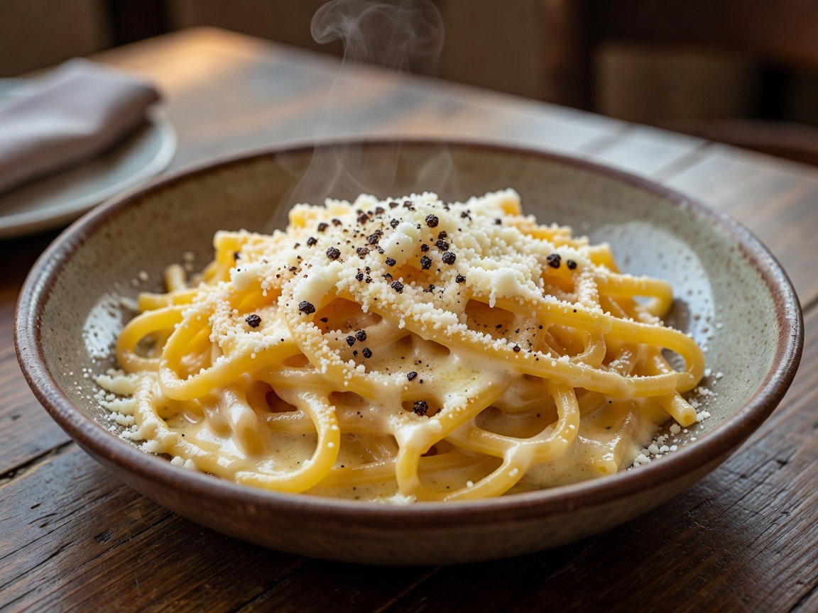 Traditional Roman Cacio e Pepe pasta with Pecorino Romano and black pepper