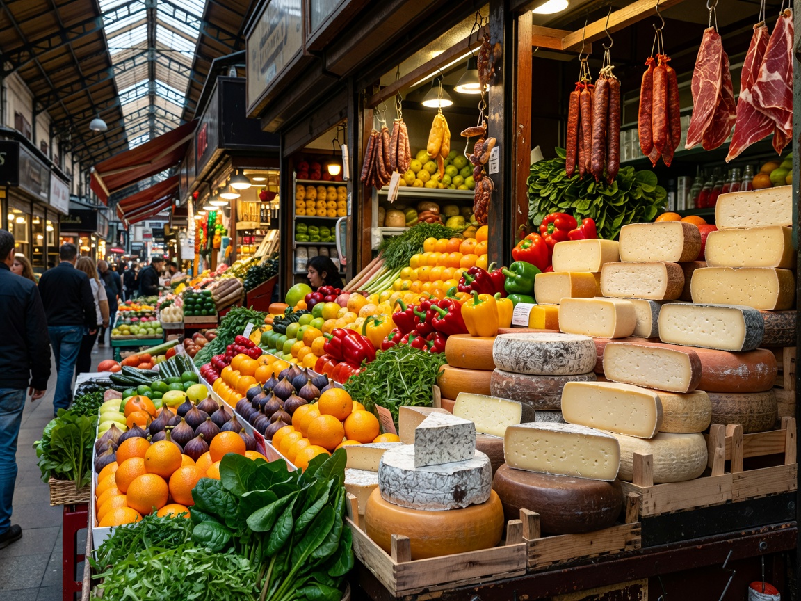 Vibrant produce and cheese stall at Mercado de la Boqueria in Barcelona